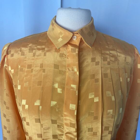 Vintage Blouse Size 8 Yellow Gold Jacquard Long Sleeve Button Office Secretary - Picture 3 of 15